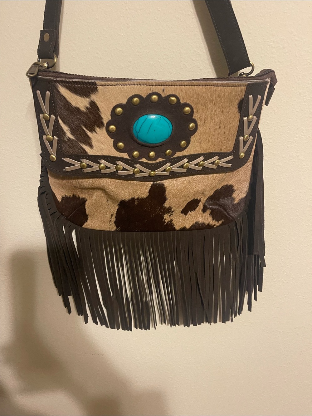 Turquoise Accent Cowhide Fringe Crossbody Bag - Brown